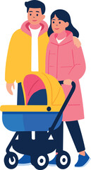 A smiling couple in brightly colored coats stands close together, with the man in yellow and the woman in pink, as they push a colorful baby stroller.
