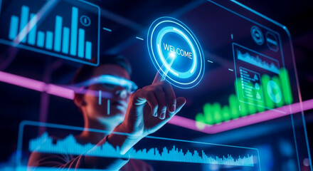Futuristic interface welcome screen with glowing neon data charts for dynamic technology solutions
