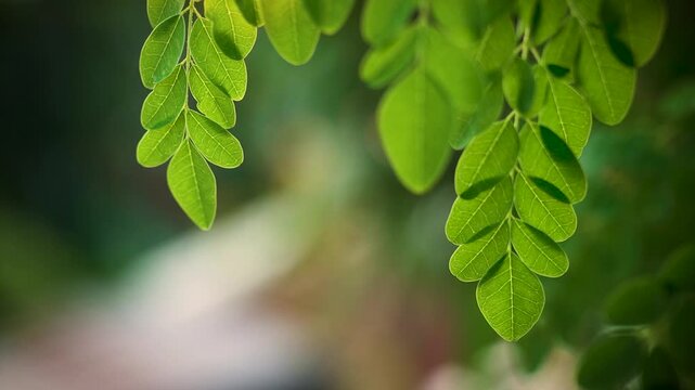 Fresh green leaves of a Moringa tree bathed in sunlight