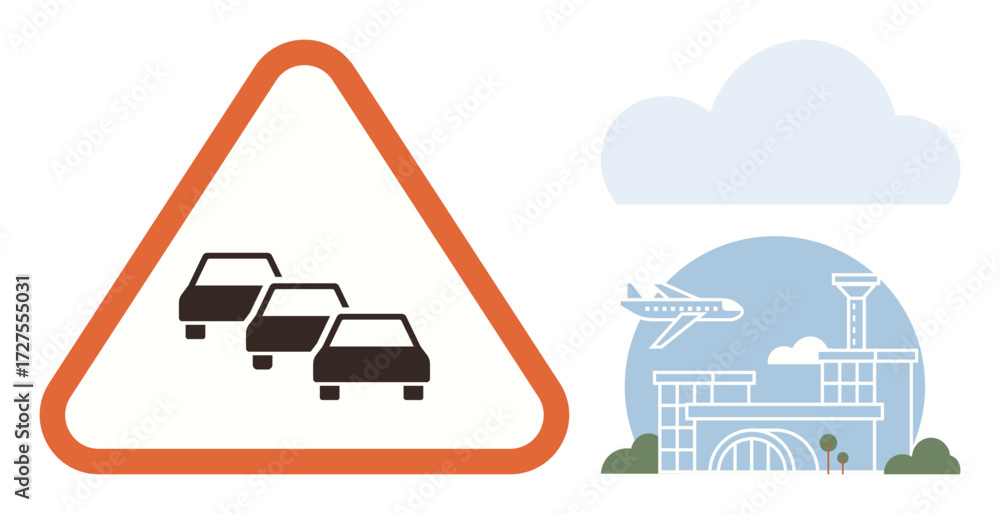 Poster rows of cars in a warning sign next to an airport scene with an airplane in flight above a terminal.