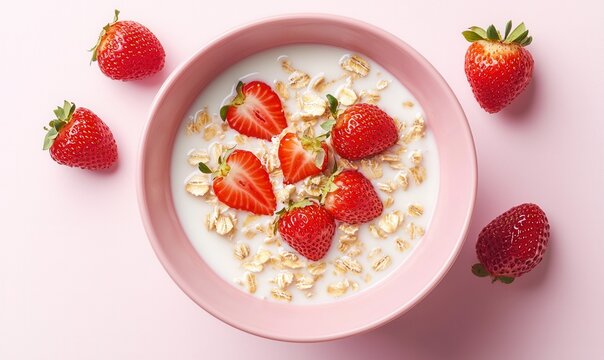 Oatmeal With Strawberries in Pink Bowl, Top View
