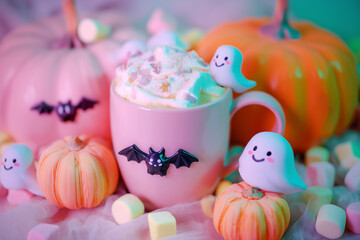 Pastel-themed Halloween setup with a chai latte topped with whipped cream and marshmallows, surrounded by pumpkins, smiling ghosts, and soft candy