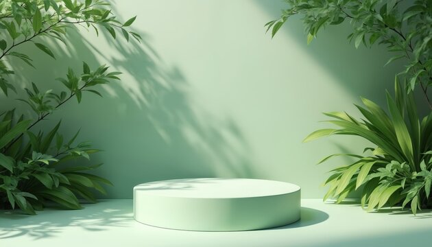Minimalist podium with lush green plants and soft shadows. Ideal for product display, eco-friendly themes, natural product launches, and beauty. Clean background for creative use.