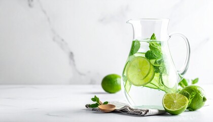 Glass jug of infused water with fresh lemon slices, lime, and mint leaves on a white background, refreshing detox drink.