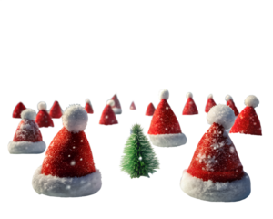 A whimsical scene of santa hats and a miniature christmas tree isolated on transparent background