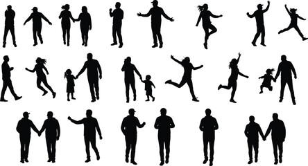 Silhouette people collection, walking, running, jumping, dancing, children, adults, interaction, motion, body language, black figures, expressive poses, gesture study