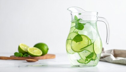Glass jug of infused water with fresh lemon slices, lime, and mint leaves on a white background, refreshing detox drink.