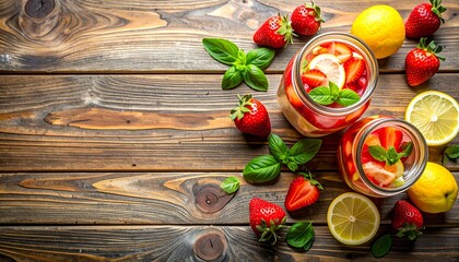 Top view of glass jars with infused water made of fresh strawberries, lemon slices, and mint leaves on wooden background.