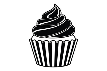 Vector art of a delightful black and white cupcake illustration, perfect for dessertthemed designs, bakery promotions, or sweet treat graphics, showcasing simplicity and charm