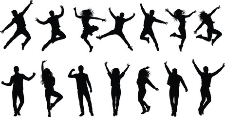 Silhouette people jumping, dancing, posing, exercising, fitness, teamwork, celebration, freedom, energy, lifestyle, movement, active, sports, success, motivation, happiness,