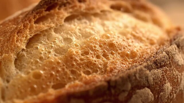 Close up of crusty bread texture with golden brown color.
