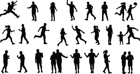 Silhouette people poses, walking, running, jumping, waving, talking, interaction, motion study, body language, human figures, black silhouettes, grid layout