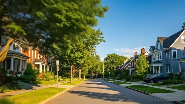 Quiet residential street with houses and greenery on sunny day