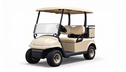 Beige golf cart with roof, windshield, and compact rear cargo area, designed for two passengers—highlighting recreational mobility and utility in golf course or gated community settings.