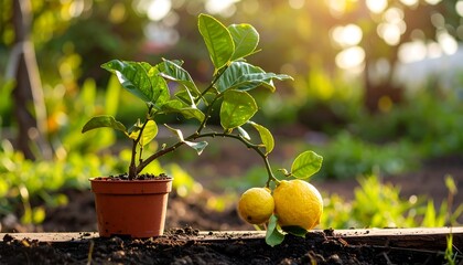 Small lemon plant in a pot sits on dark soil with blurred green background, lit by sunlight
