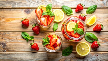 Top view of glass jars with infused water made of fresh strawberries, lemon slices, and mint leaves on wooden background.