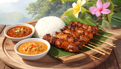 Grilled meat skewers served with rice and sauces, garnished with flowers and greenery