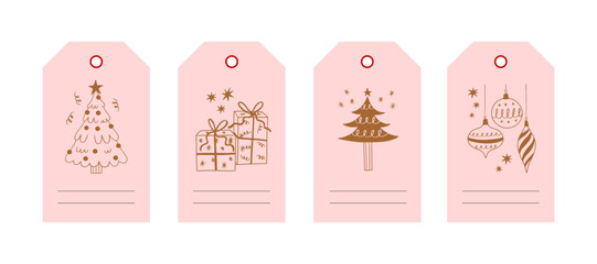 Merry Christmas cards collection with gold festive elements. Xmas tags. Cute pink labels for gifts, presents. Secret Santa. Vector hand drawn Christmas tree, toys, balls, snowflakes, stars