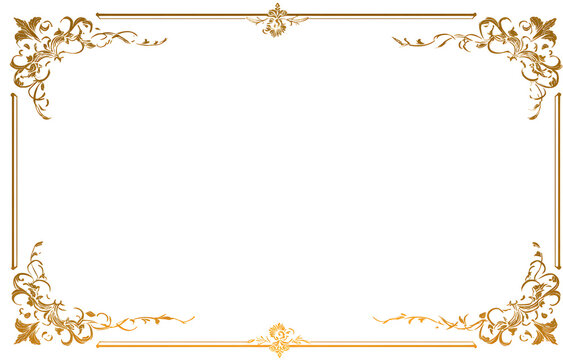 Gold flower corner border frame, elegant rectangle with floral ornament. Isolated on transparent background.

