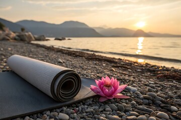 Serene yoga mat and pink lotus flower on a pebble beach at sunrise with calm ocean and mountains