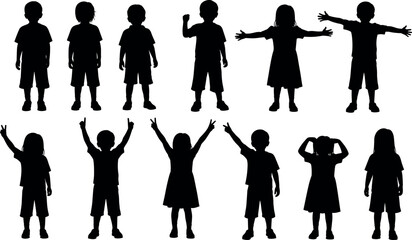 Silhouette set of diverse children in playful standing poses, ideal for educational, lifestyle, and gesture recognition vector illustrations.