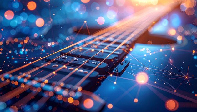 Close-up of a guitar neck and strings with glowing orange and blue light particles—merging analog craftsmanship with digital energy to evoke musical innovation and creative fusion.