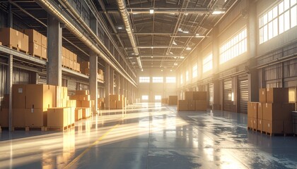 Fototapeta premium Modern warehouse interior with natural light, stacked cardboard boxes, roll-up doors, and metal shelving—capturing organized logistics, industrial storage, and streamlined distribution.