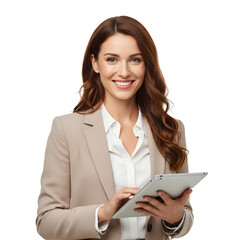 Smiling professional businesswoman in a beige suit using a digital tablet isolated on a white background
