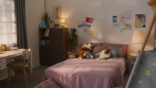 Colorful childs room interior with focus on big comfortable bed and toys, play tent in foreground, copy space