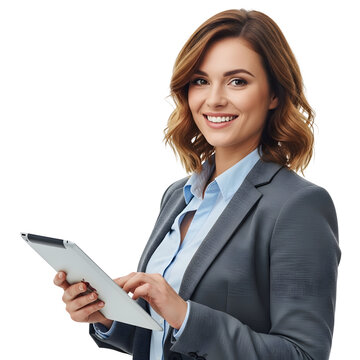 Smiling professional businesswoman in a grey suit using a digital tablet isolated on a white background
