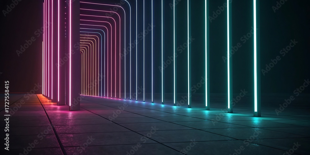 Poster neon light installation with gradient colors and reflections on the floor in dark room.