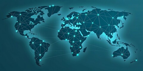 Global Network Connectivity World Map with Interconnected Points Representing Communication and Technology.