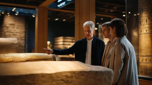 A docent leads a tour through an Egyptian exhibit with sarcophagi displayed a pointer gesturing at hieroglyphs visitors listening and a mummy case glowing depicted in a