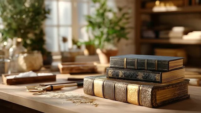 A retiree restores old books in a quiet bindery with leather covers gold leaf and tools meticulously arranged depicted in a detailed photo with page textures binding stitches