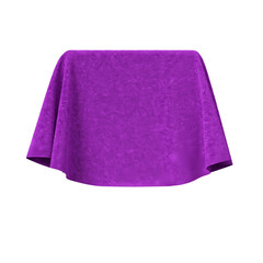 Box covered with purple velvet fabric. Isolated on white background. Surprise, award, prize, presentation concept. Reveal the hidden object. Raise the curtain. Photo realistic 3D illustration.