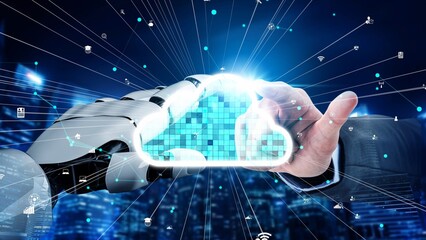 This futuristic illustration depicts a robotic hand interacting with cloud technology, symbolizing innovation and digital transformation in a modern urban environment. Xenic