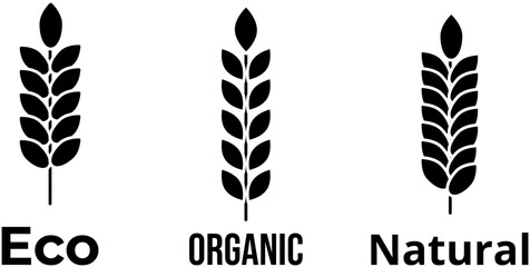 Eco, organic and natural wheat icons set – agriculture and healthy food symbols