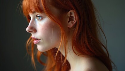 Naklejka premium Profile of young woman with vibrant red hair. Her face is softly lit with subtle makeup. She looks thoughtfully to the side, conveying quiet contemplation or beauty.