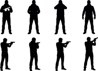 Silhouette of armed and unarmed men in tactical, casual, and defensive poses for military, security, and character design concepts.