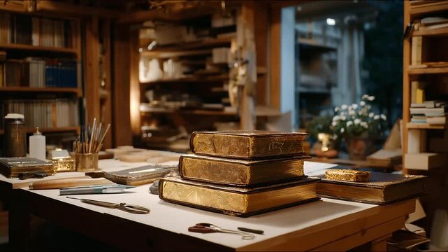 A retiree restores old books in a quiet bindery with leather covers gold leaf and tools meticulously arranged depicted in a detailed photo with page textures binding stitches