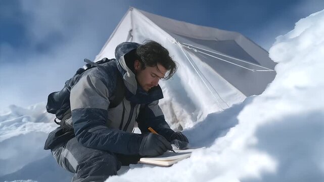 A scientist their gloves thick tests ice strength with a probe its metal tip piercing the surface. A notebook its pages creased records data. A canvas tent its pegs buried