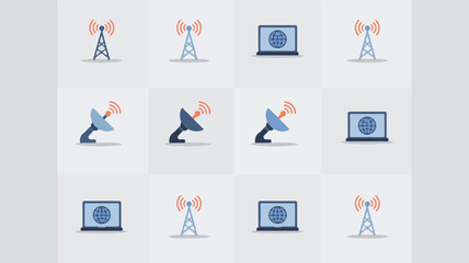 Fototapeta premium Communication towers and satellite dishes with laptops internet