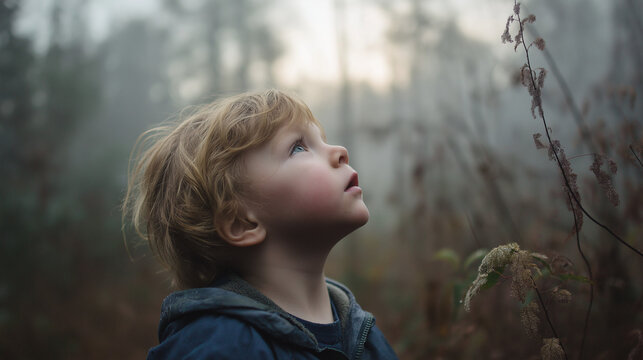 Young boy looking up with curiosity in foggy forest  