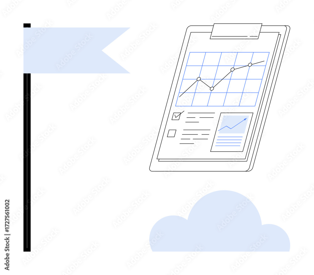 Poster tracking performance through a clipboard with charts and checked tasks, a flag symbolizing goal achi