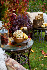 Rustic autumn still life with pumpkins, berries, cozy blankets, and fall leaves in a garden swing corner. Hygge outdoor seasonal decor with natural textures and colorful foliage