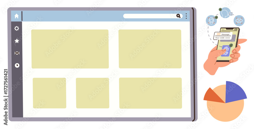 Aufkleber hand using mobile payment app, dashboard screen with content grid, chart and analytics icons suggest