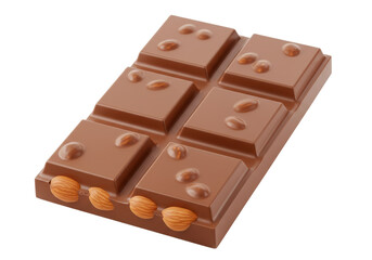 Milk chocolate bar with almonds isolated on white, sweet dessert treat with nuts for snack and confectionery concept
