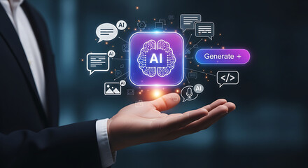 Artificial intelligence technology concept with glowing AI generate icon above businessman&rsquo;s hand, symbolizing innovation, data processing, and digital transformation
