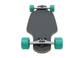 Longboard skateboard with green wheels isolated, extreme sports equipment for recreation and transportation PNG