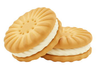 Two golden sandwich cookies with cream filling isolated on transparent background, delicious biscuit PNG for dessert and snack